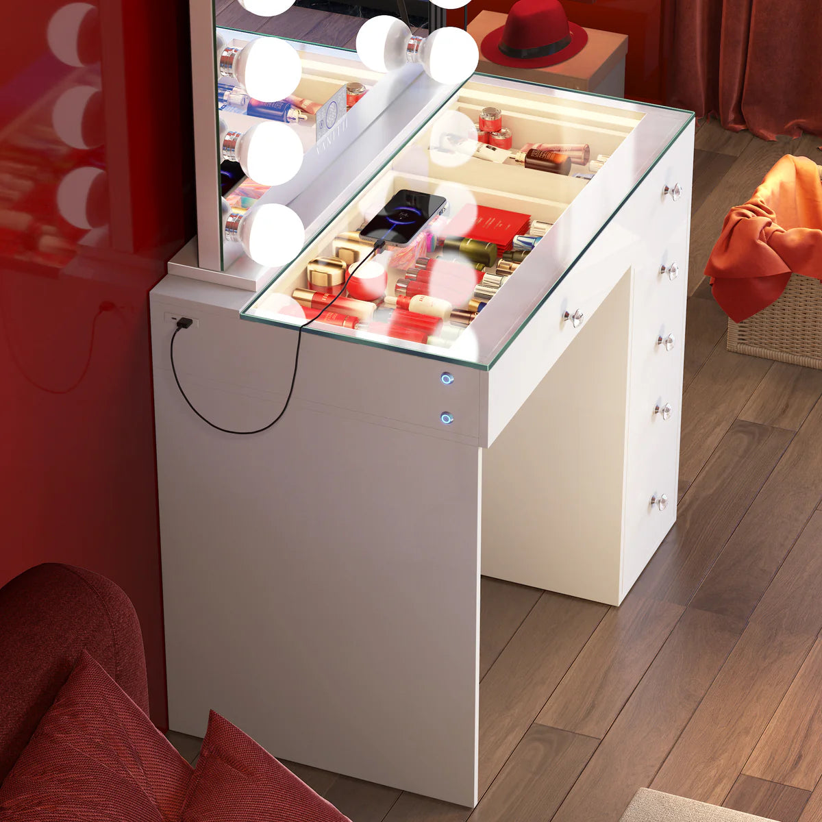 VanitiBar Veronica – Glass Top Makeup Vanity Desk with Drawers