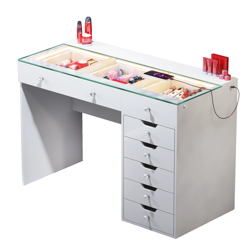 VanitiBar Veronica 3.0 – Glass Top Makeup Vanity Desk with Drawers