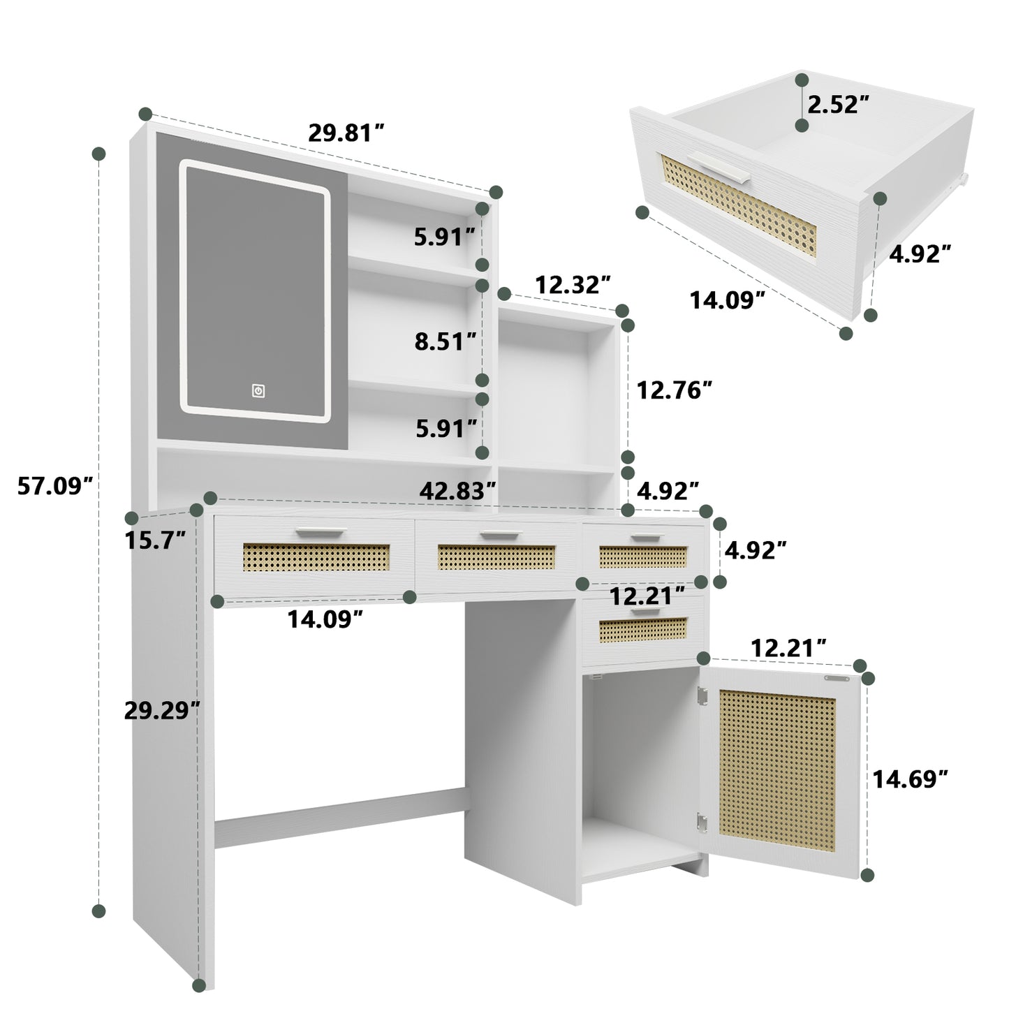 White Vanity Desk with LED Mirror, Storage, and Charging Station - LP Replenish