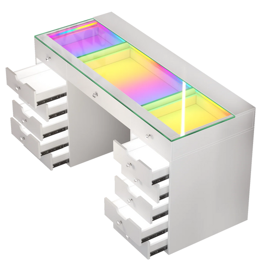 VanitiBar Pro Gleam | 13 Drawer Desk with Lighted Drawers & RGB Lights