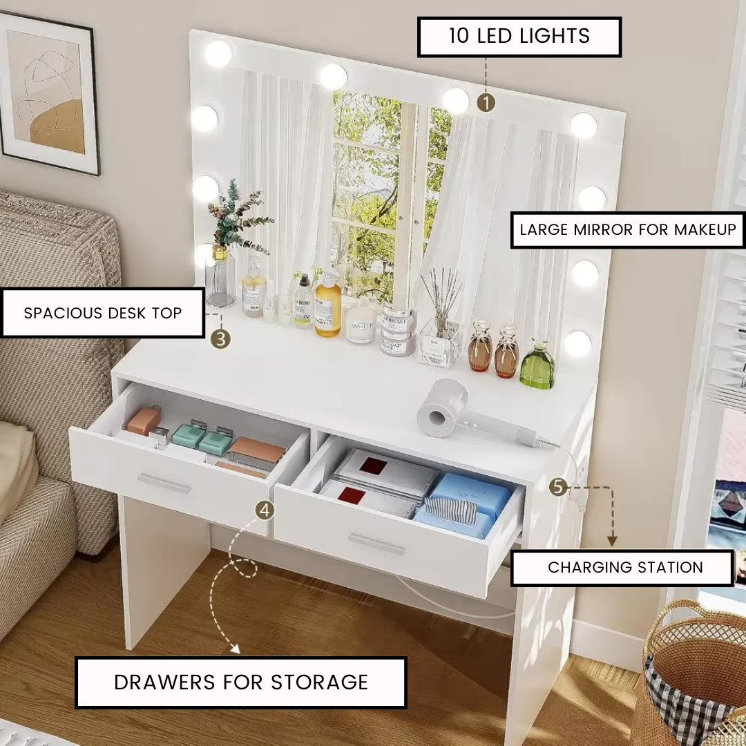 Mirrored Vanity Table with 12 LED Lights and Charging Station - LP Replenish