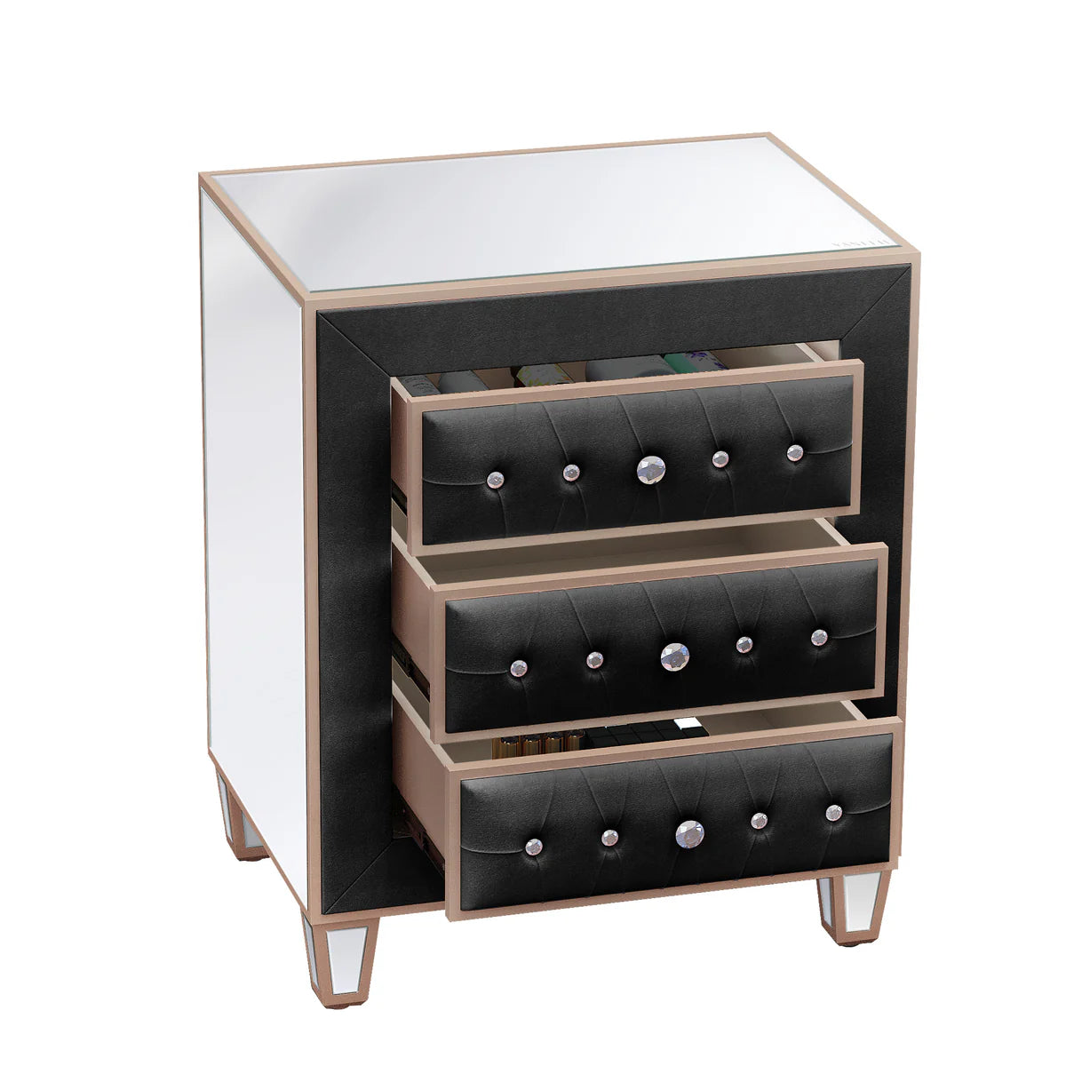 Velvet Bedside Table with 3 Drawers and Crystal Handles - LP Replenish