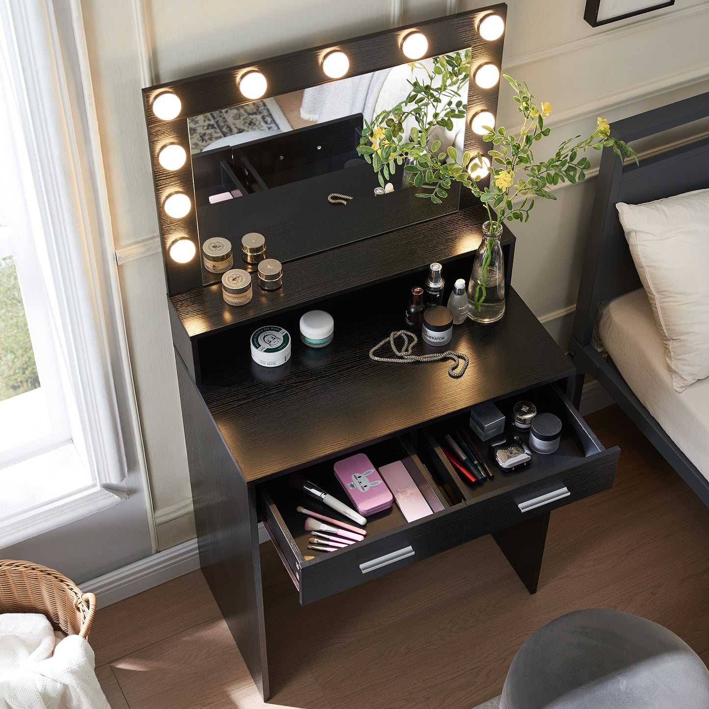 Mirrored Vanity Table with 12 LED Lights and Charging Station - LP Replenish