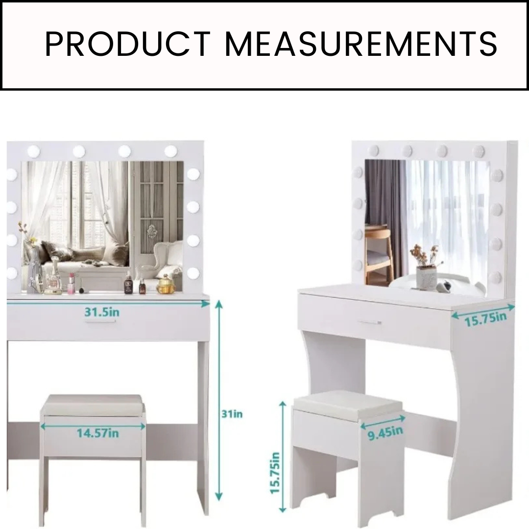 Mirrored Vanity Table with 12 LED Lights and Charging Station - LP Replenish
