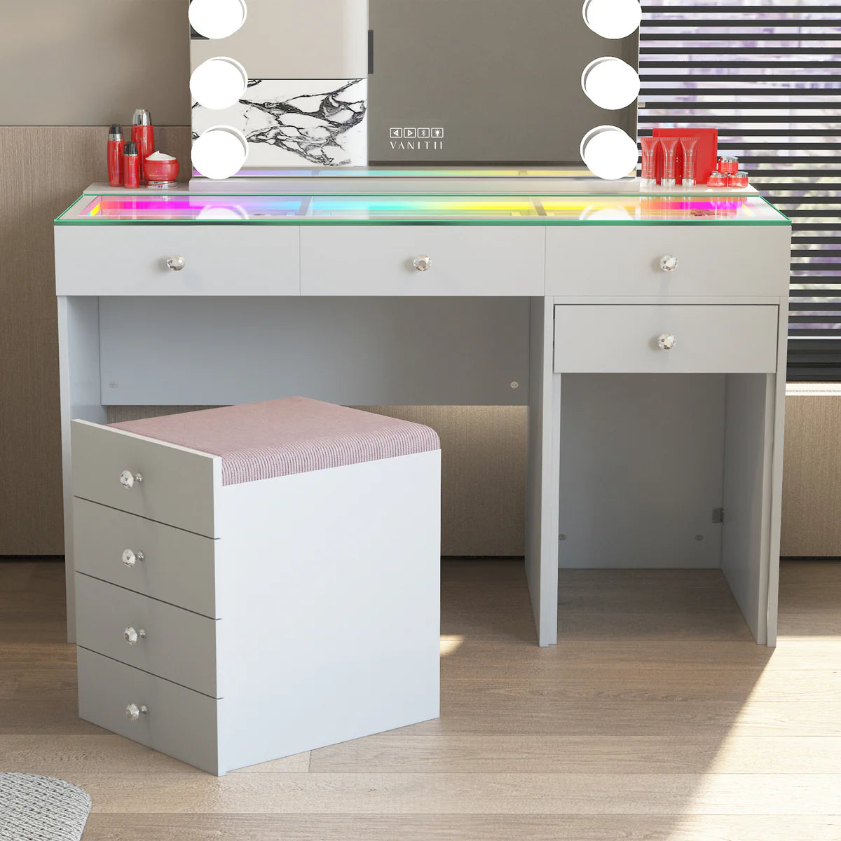 VanitiBar Nest – Vanity Desk with Hidden Chair, LED & 8 Drawers