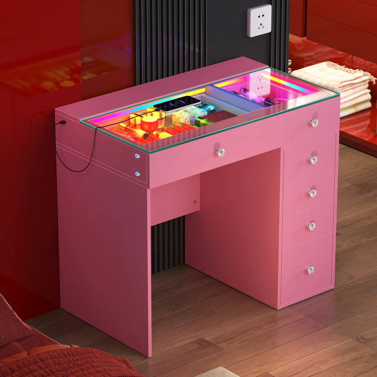 VanitiBar Veronica – Glass Top Makeup Vanity Desk with Drawers