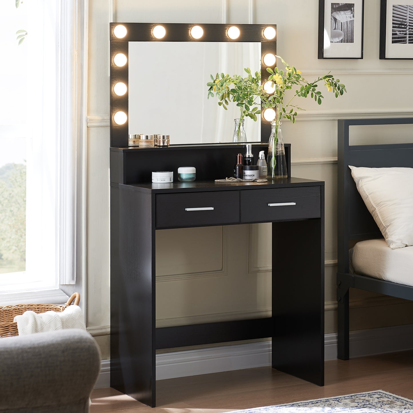 Mirrored Vanity Table with 12 LED Lights and Charging Station - LP Replenish