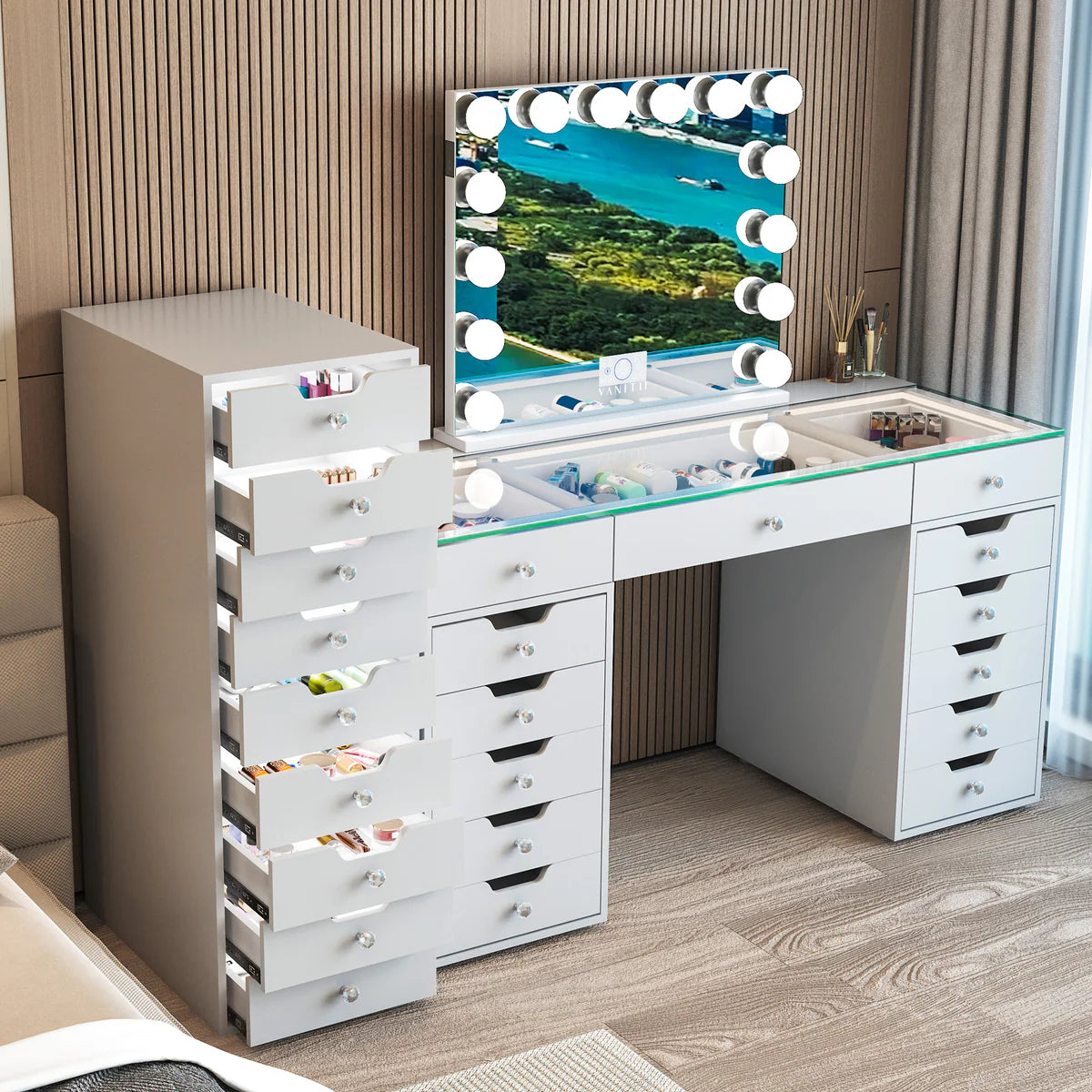 Makeup Vanity Storage Unit with 9 Drawers, LED Light Strip, and Crystal Lux Knobs - LP Replenish