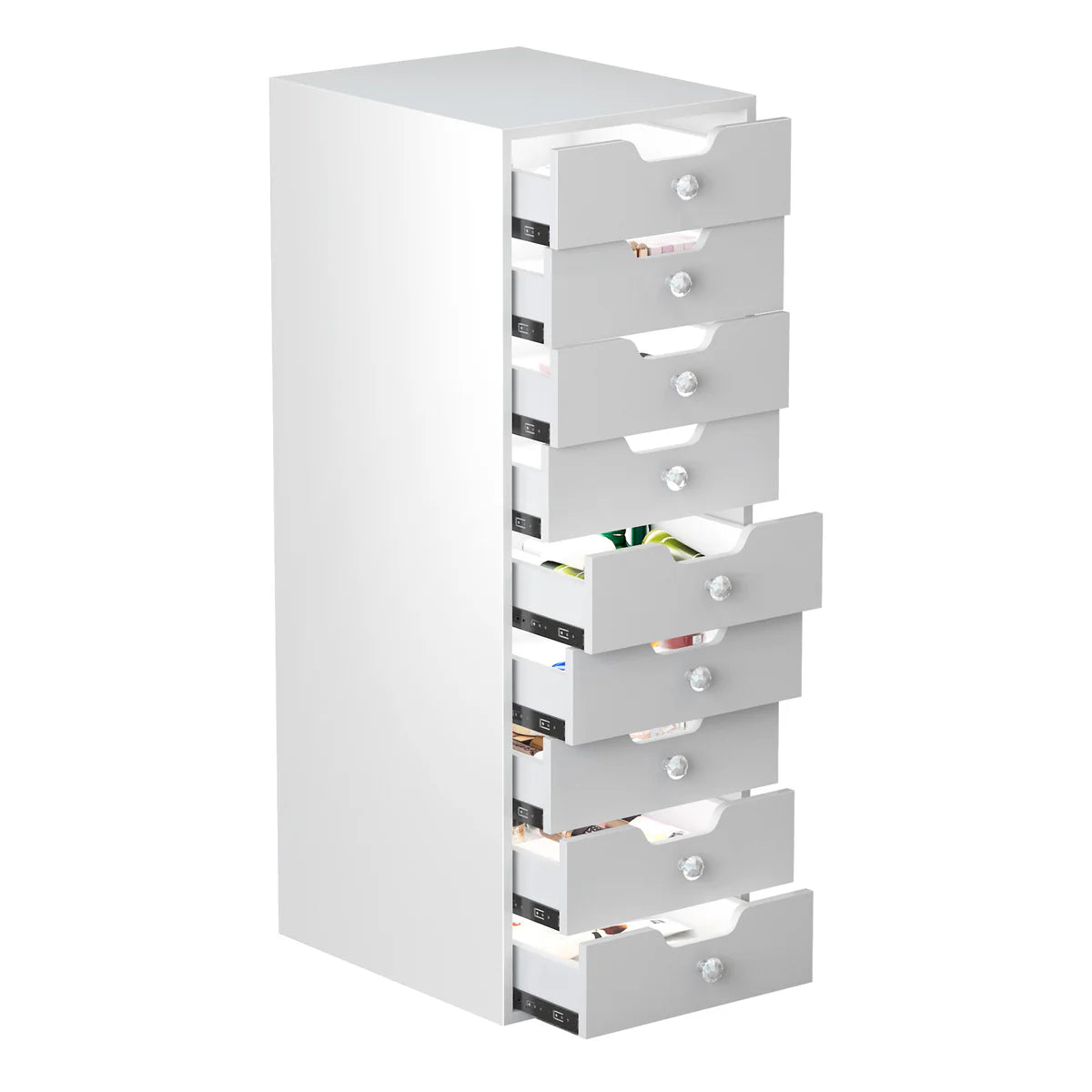 Makeup Vanity Storage Unit with 9 Drawers, LED Light Strip, and Crystal Lux Knobs - LP Replenish