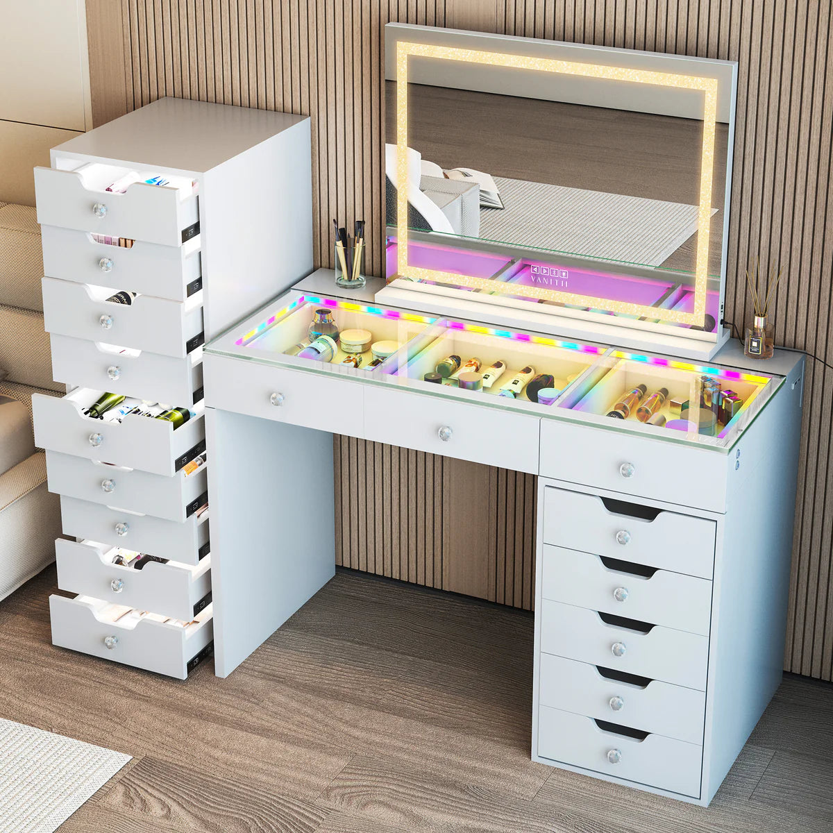 Makeup Vanity Storage Unit with 9 Drawers, LED Light Strip, and Crystal Lux Knobs - LP Replenish