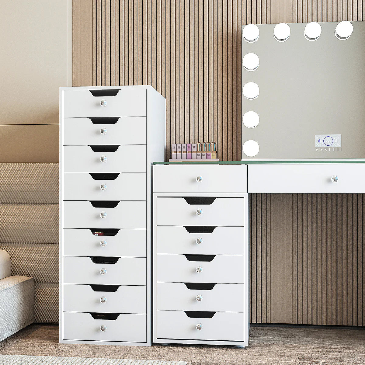 Makeup Vanity Storage Unit with 9 Drawers, LED Light Strip, and Crystal Lux Knobs - LP Replenish