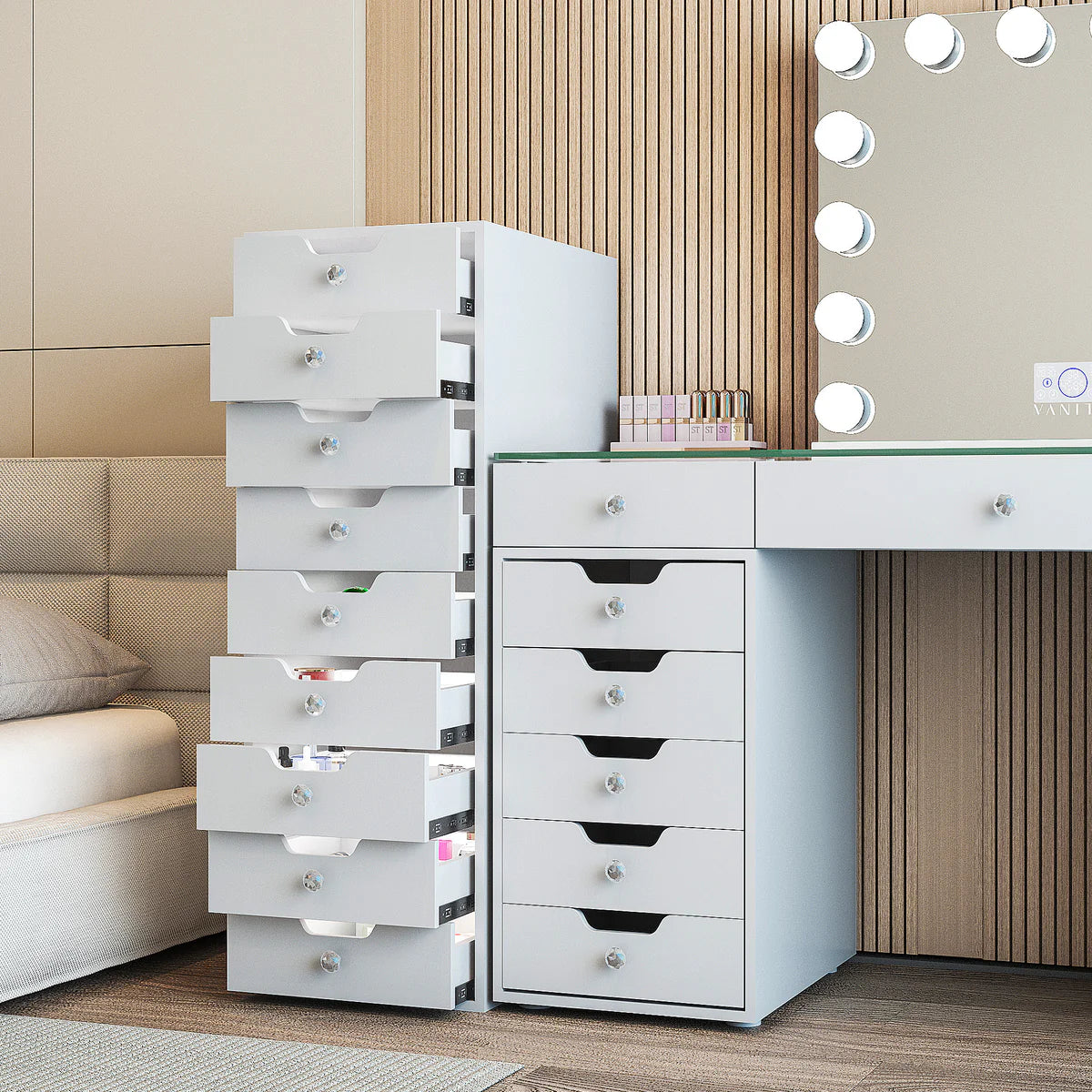 Makeup Vanity Storage Unit with 9 Drawers, LED Light Strip, and Crystal Lux Knobs - LP Replenish