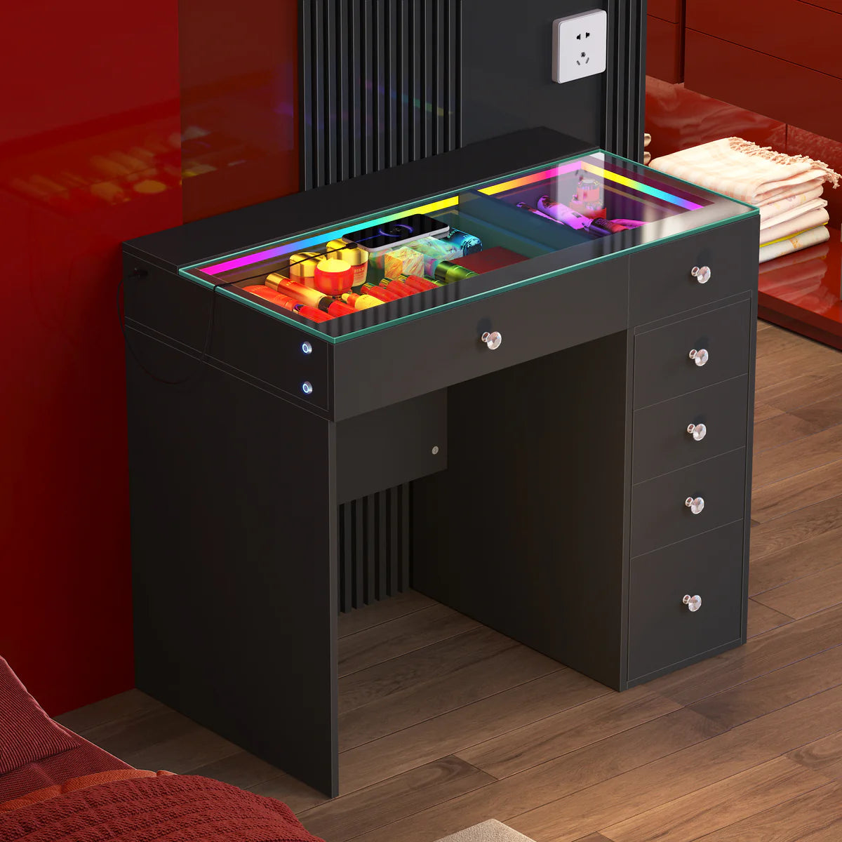 VanitiBar Veronica – Glass Top Makeup Vanity Desk with Drawers