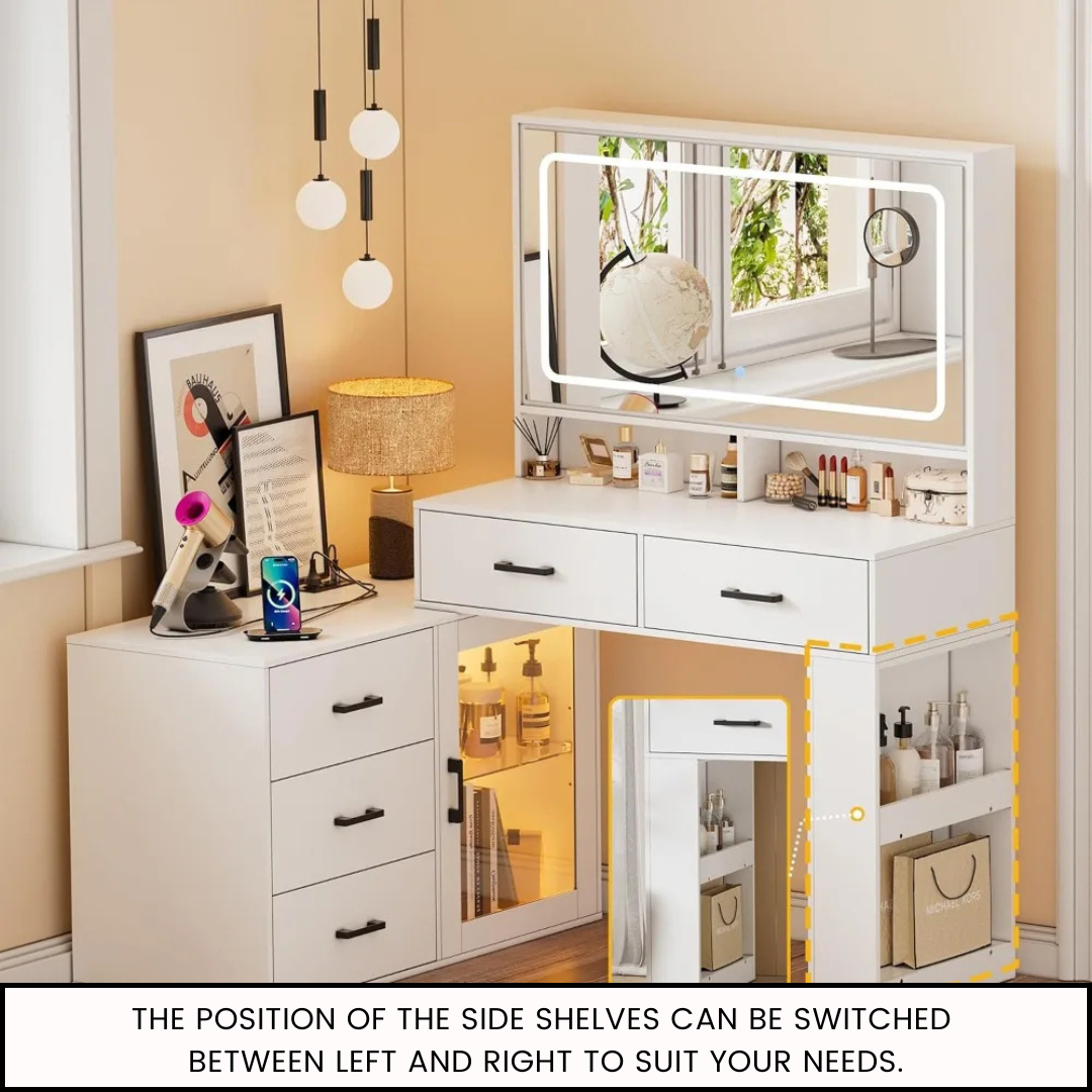 White Makeup Vanity Desk with LED Mirror, Charging Station, and Storage Cabinet