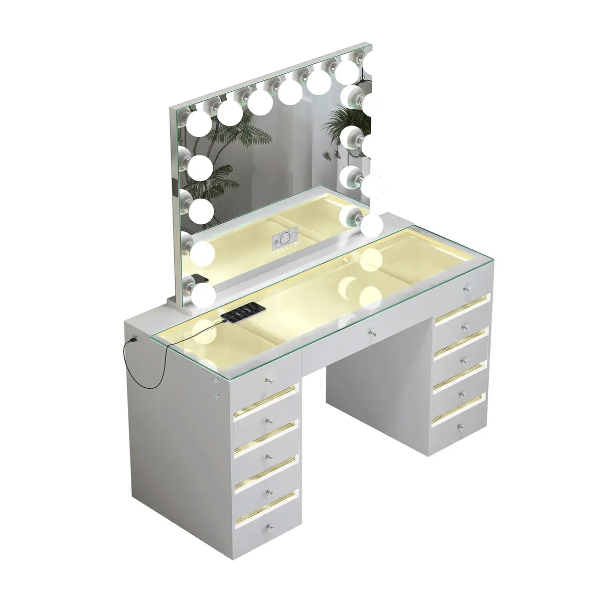 VanitiSet Solara | Modern Vanity Desk With Mirror, RGB Lights & Glass Top Storage