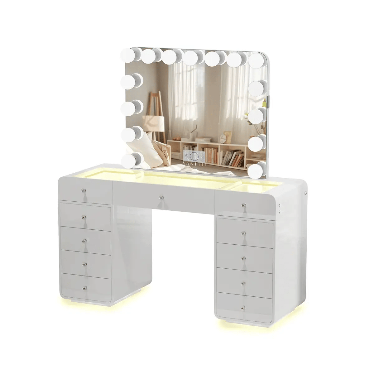 VanitiSet Luma Arc | Modern Glam Vanity Desk with Hollywood Mirror and Storage