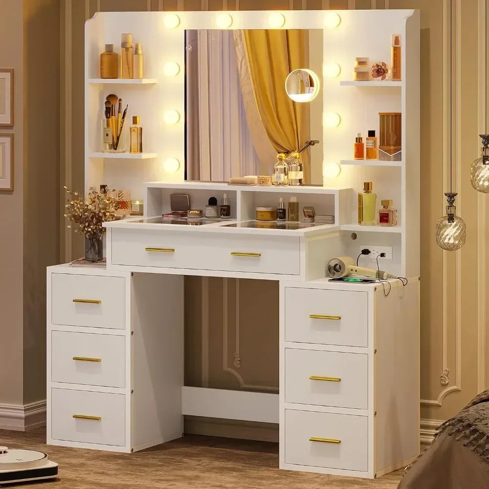 Vanity Desk with glass top and light bulbs