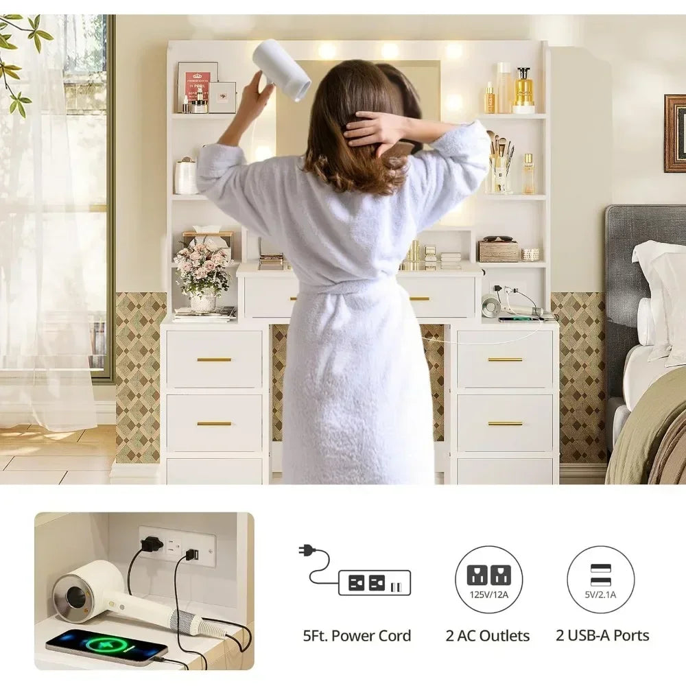 Vanity Desk with glass top with 10x Magnifying Mirror, Lights & Charging Station - LP Replenish