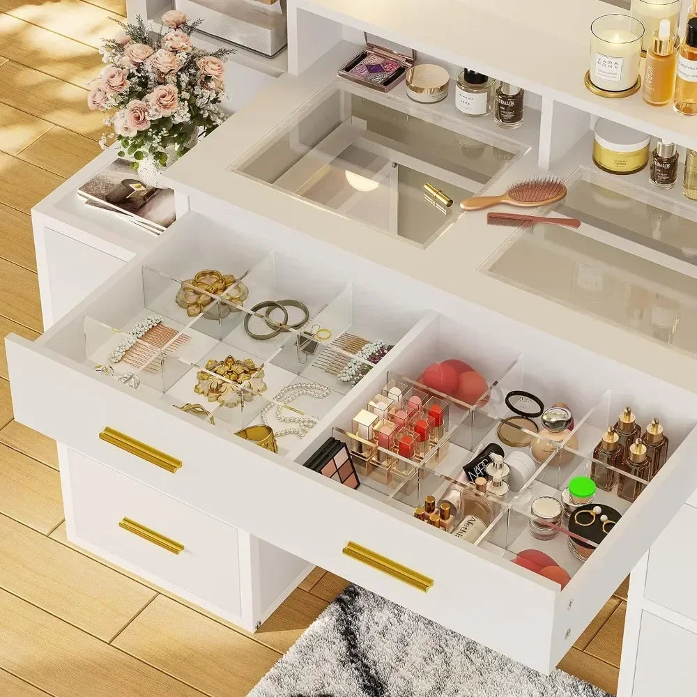 Vanity Desk with glass top with 10x Magnifying Mirror, Lights & Charging Station - LP Replenish