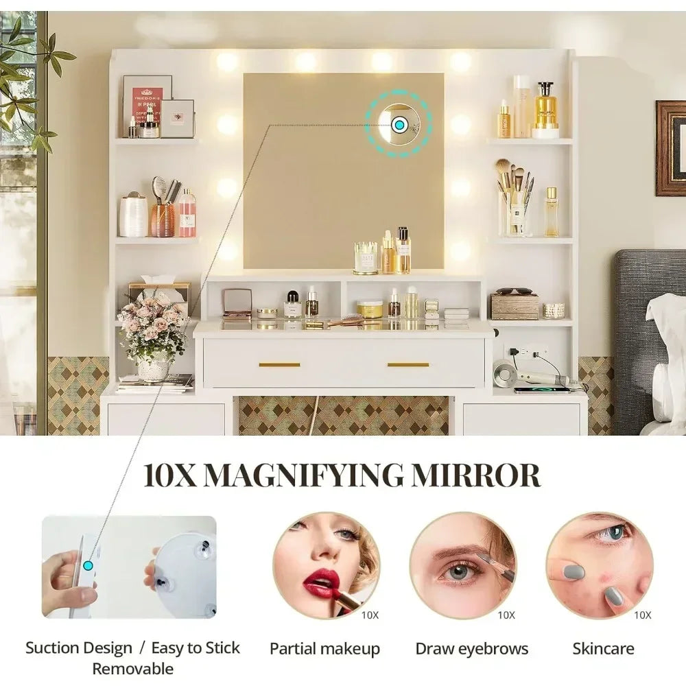 Vanity Desk with glass top with 10x Magnifying Mirror, Lights & Charging Station - LP Replenish