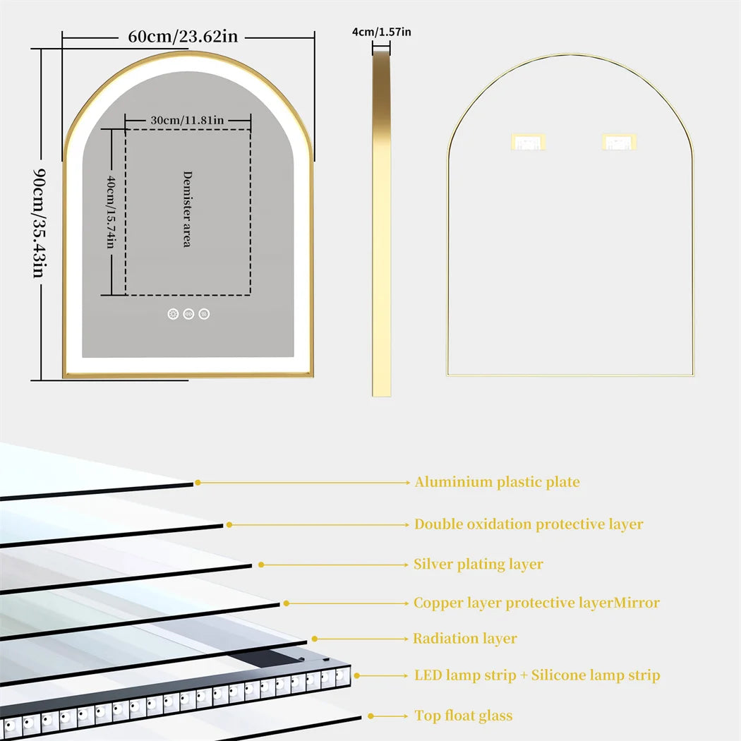 High-End LED Bathroom Mirror with Demister and Memory Function, Arch Framed, 3 Lighting Modes - LP Replenish