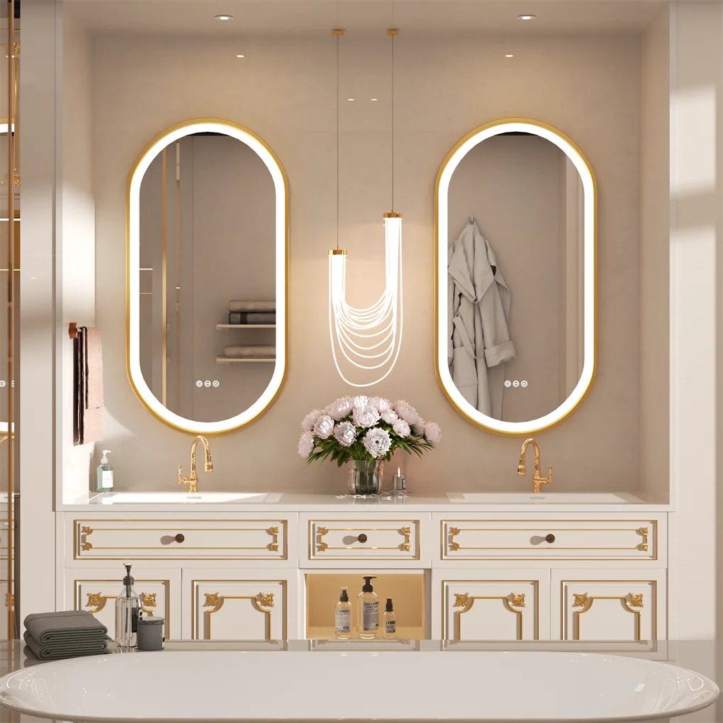 Oval LED Bathroom Mirror with Demister - Gold Frame - LP Replenish