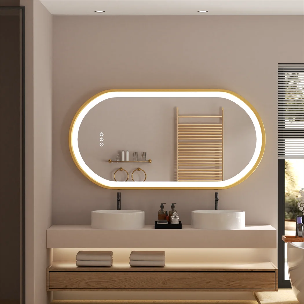 Oval LED Bathroom Mirror with Demister - Gold Frame - LP Replenish