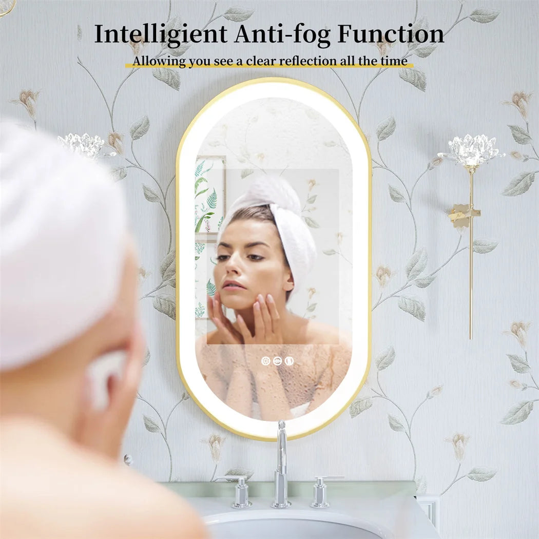 Oval LED Bathroom Mirror with Demister - Gold Frame - LP Replenish