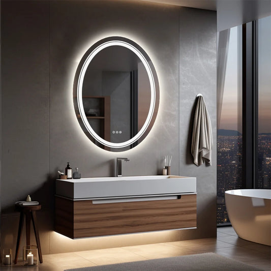 Oval Frameless Bathroom Mirror with Dimmable Dual LED, Anti-Fog, and 3 Color Modes - LP Replenish