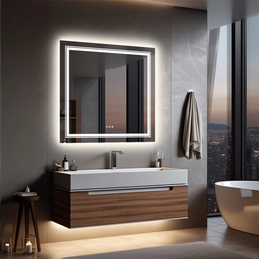 Square Illuminated Bathroom Mirror with Dimmable LED Lights & Anti-Fog - LP Replenish