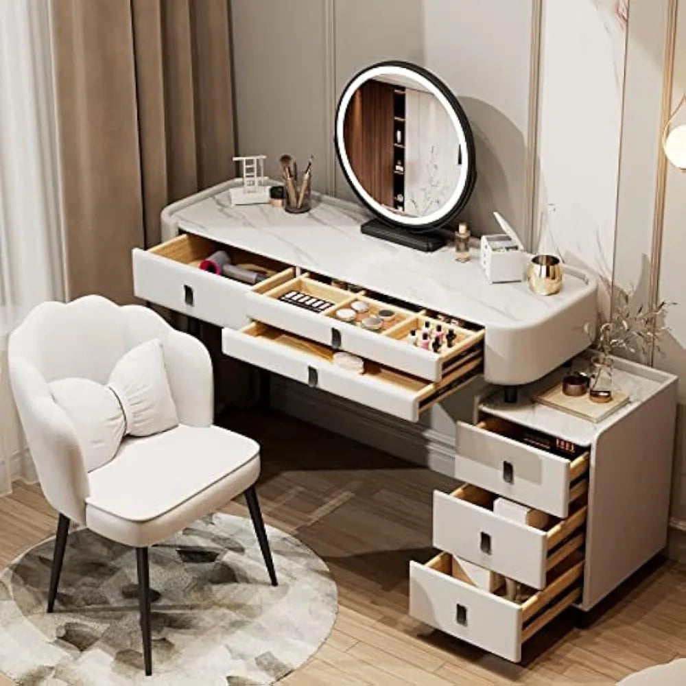 Luxury Solid Wood Vanity Desk with Sintered Marble Top, 6 Drawers, and LED Mirror - LP Replenish