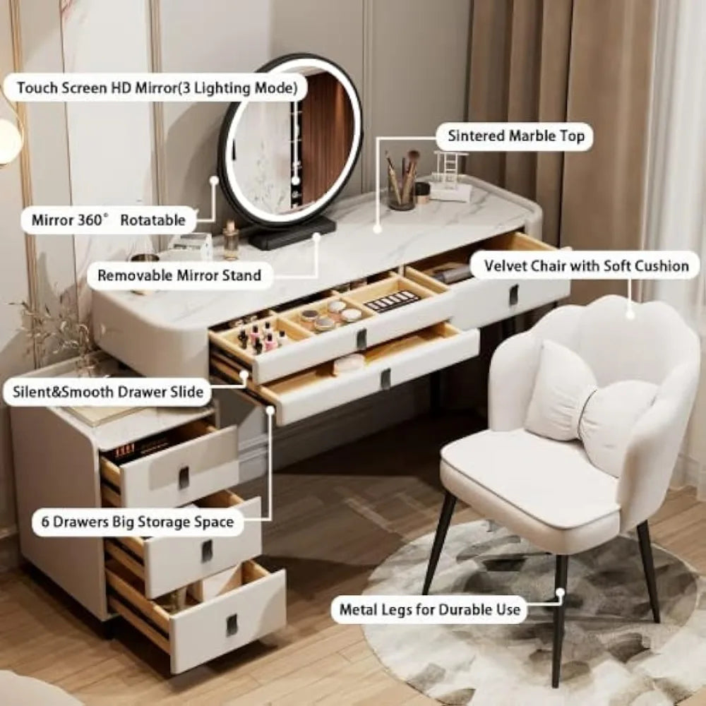 Luxury Solid Wood Vanity Desk with Sintered Marble Top, 6 Drawers, and LED Mirror - LP Replenish