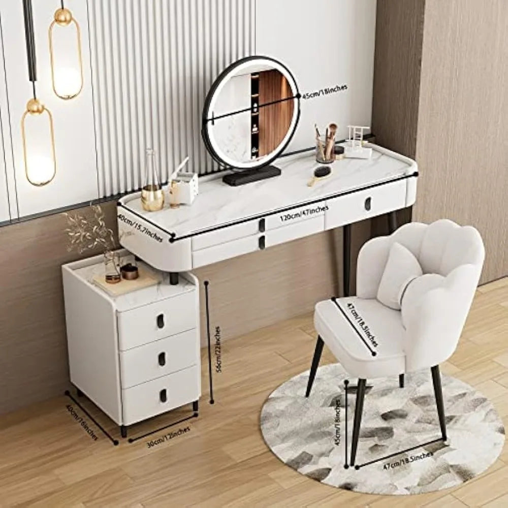 Luxury Solid Wood Vanity Desk with Sintered Marble Top, 6 Drawers, and LED Mirror - LP Replenish