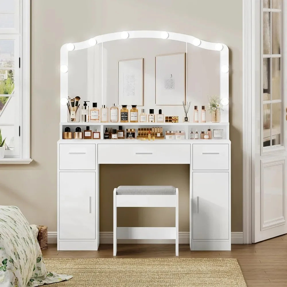 Makeup Vanity Table with Lights, 2 Cabinets, Long Shelf, and 3 Drawers - LP Replenish