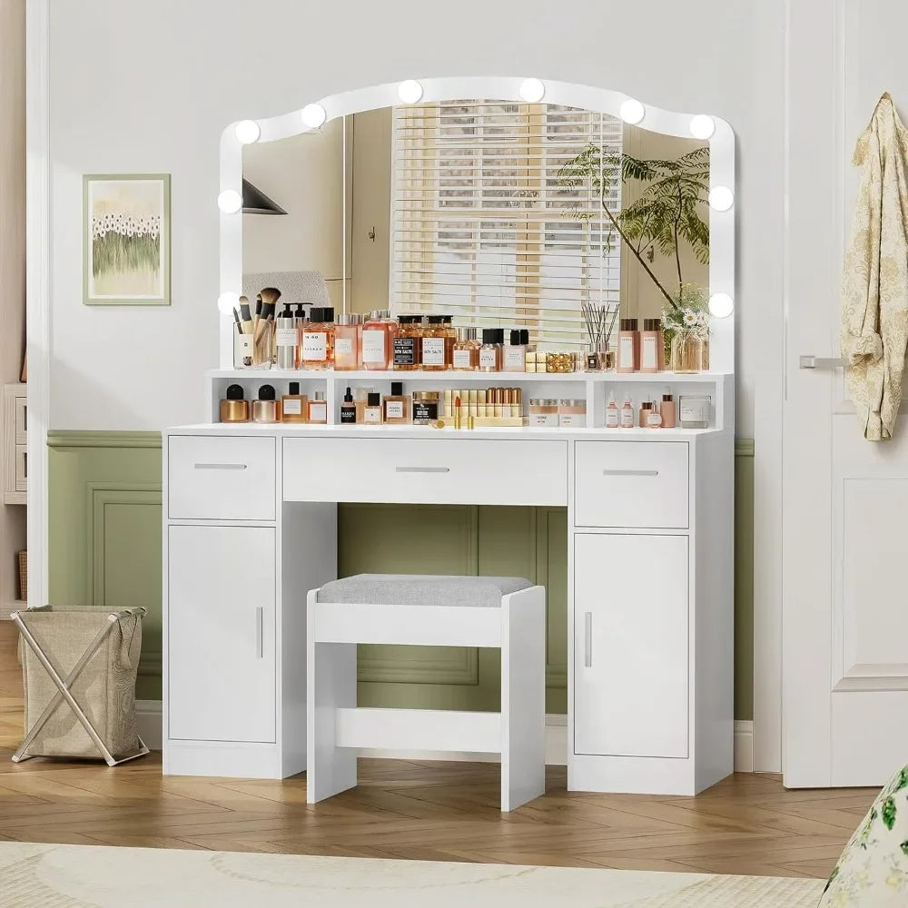 Makeup Vanity Table with Lights, 2 Cabinets, Long Shelf, and 3 Drawers - LP Replenish