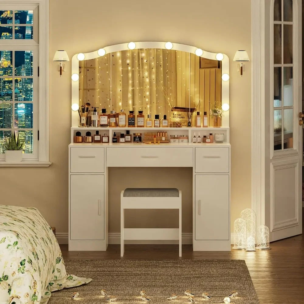Makeup Vanity Table with Lights, 2 Cabinets, Long Shelf, and 3 Drawers - LP Replenish