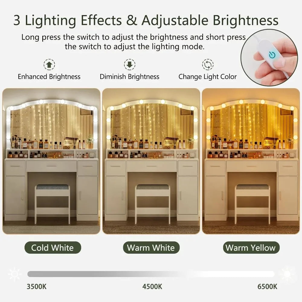 Makeup Vanity Table with Lights, 2 Cabinets, Long Shelf, and 3 Drawers - LP Replenish