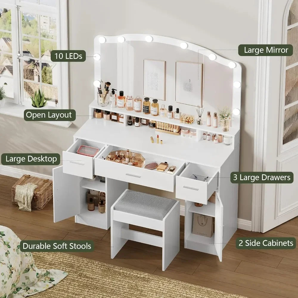 Makeup Vanity Table with Lights, 2 Cabinets, Long Shelf, and 3 Drawers - LP Replenish