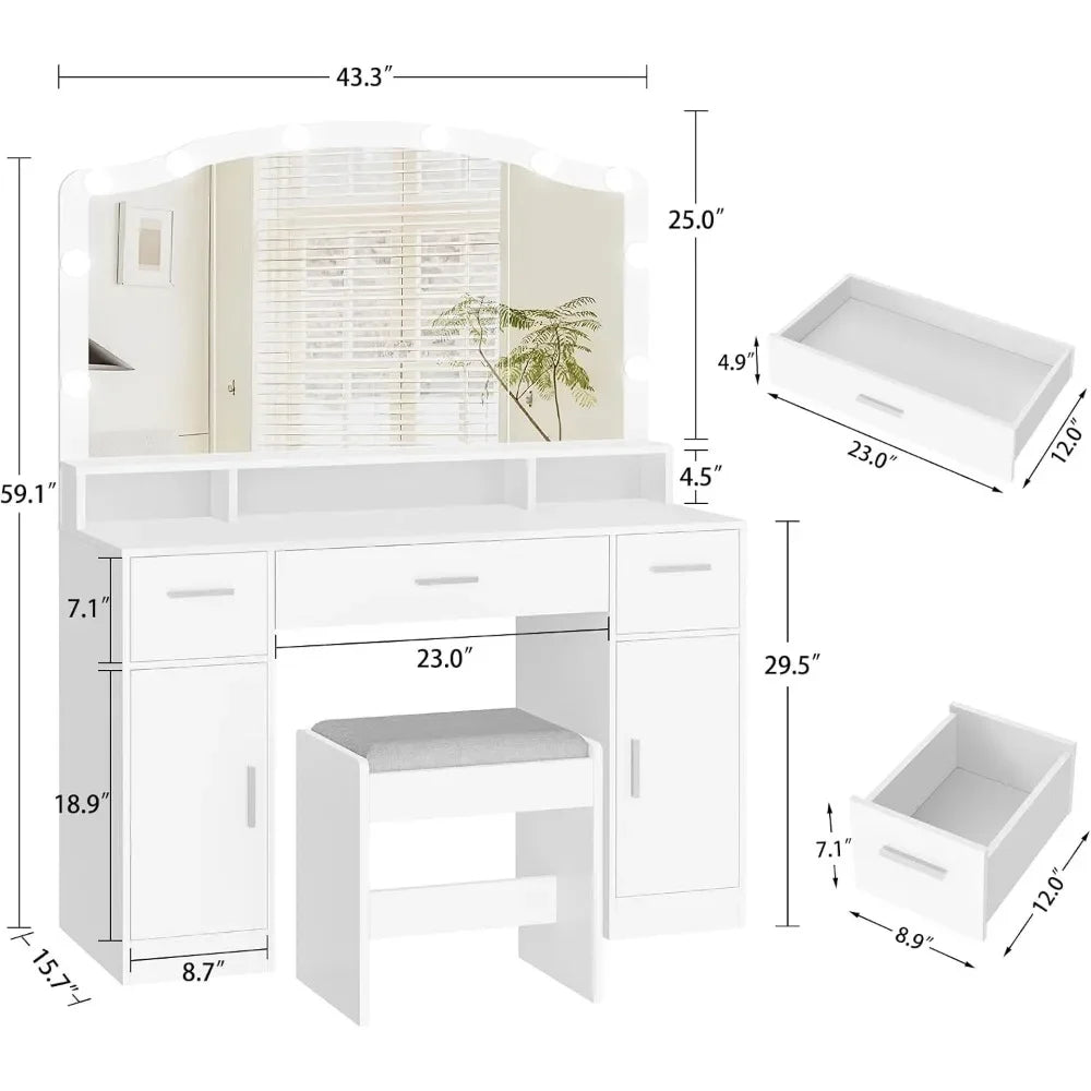 Makeup Vanity Table with Lights, 2 Cabinets, Long Shelf, and 3 Drawers - LP Replenish
