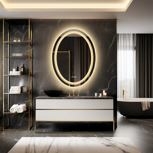 Oval Frameless Bathroom Mirror with Dimmable Dual LED, Anti-Fog, and 3 Color Modes - LP Replenish