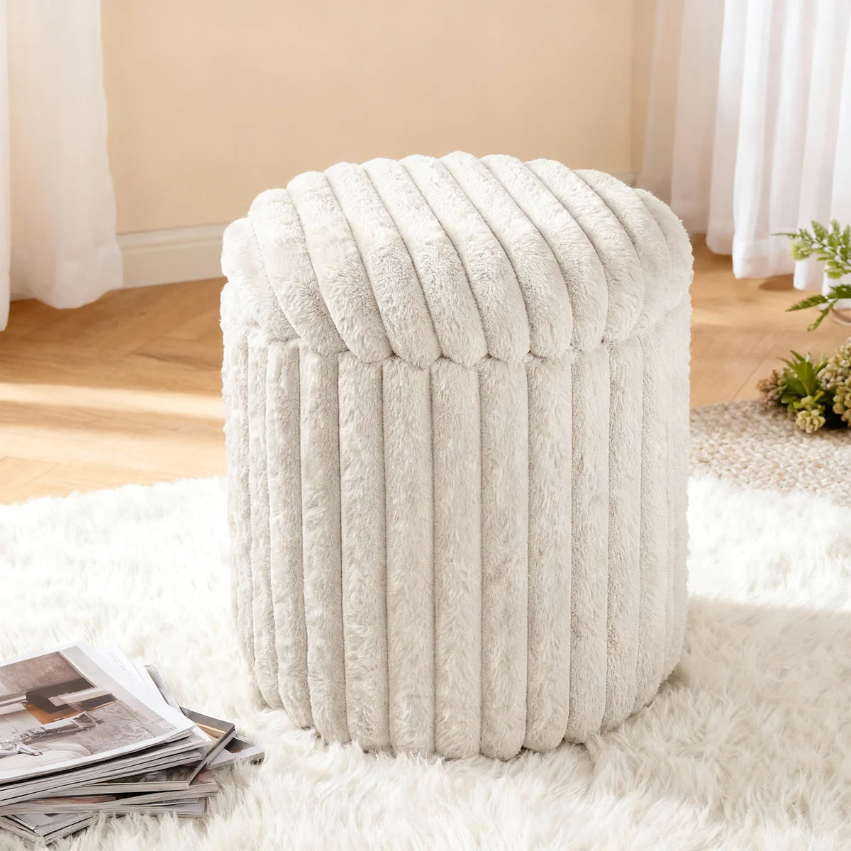 VanitiSeat Fluff | Faux Rabbit Fur Storage Stool, 15.75 Inch