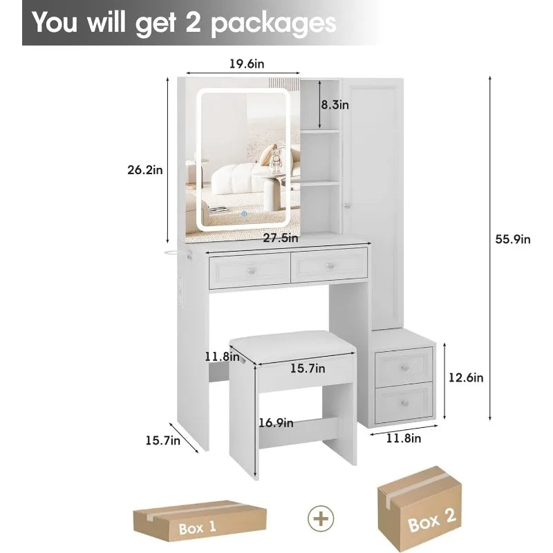 Makeup Vanity Desk with LED Lighted Sliding Mirror, Vanity Table with Jewelry Cabinet, and Charging Station - LP Replenish