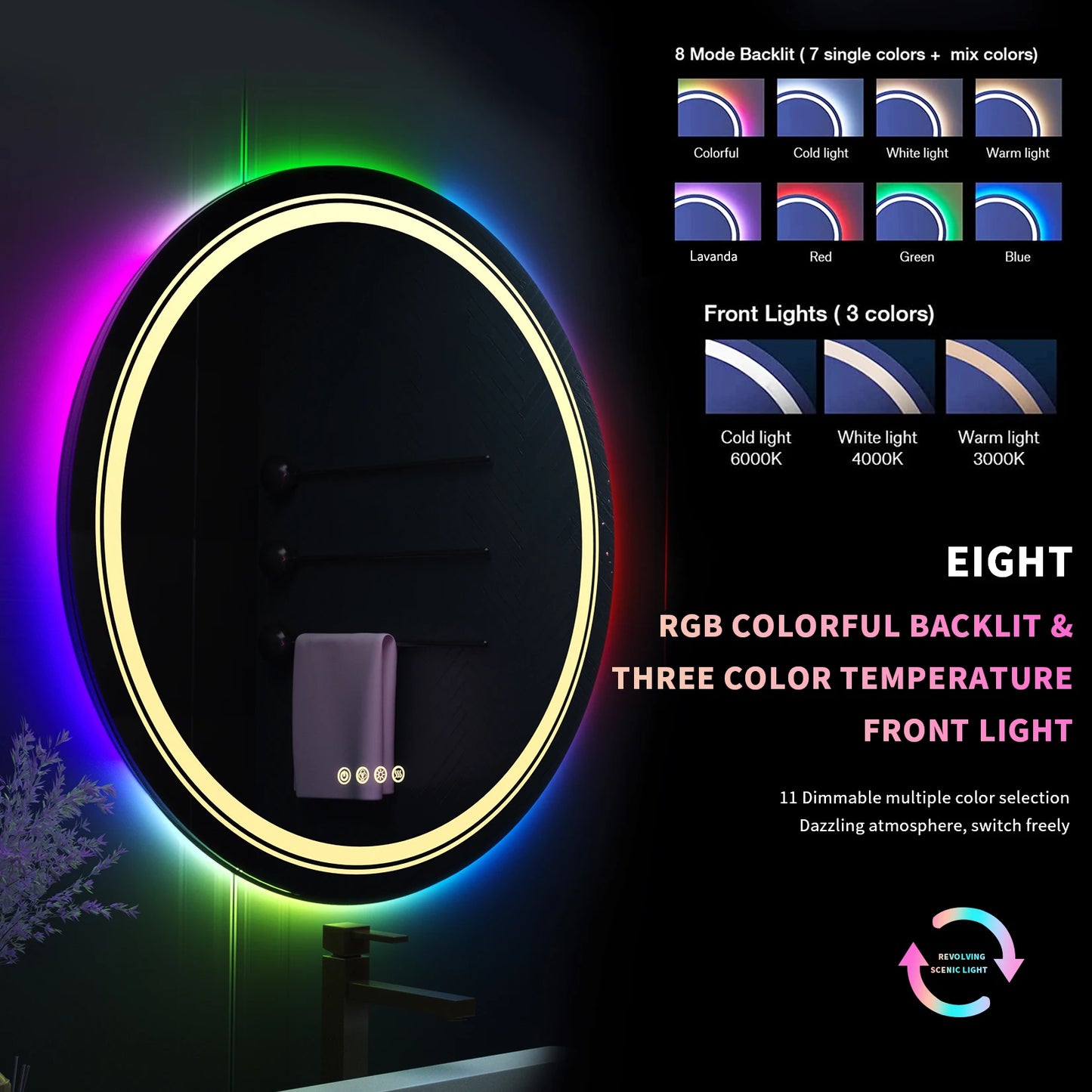 Large Round Lighted Bathroom Mirror with RGB LED, Anti-Fog & Dimmable Backlit - LP Replenish