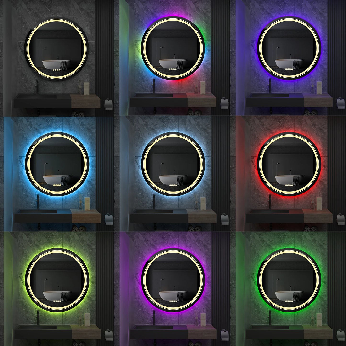 Large Round Lighted Bathroom Mirror with RGB LED, Anti-Fog & Dimmable Backlit - LP Replenish