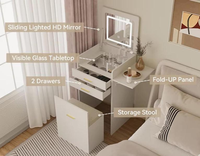 Compact Vanity Desk with Flip-Top Mirror, Storage Stool, and Drawers - LP Replenish