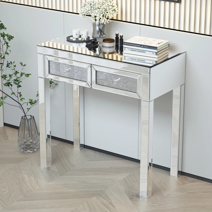 Mirrored Vanity Makeup Table with Crystal Diamond Accents and 2 Drawers - LP Replenish
