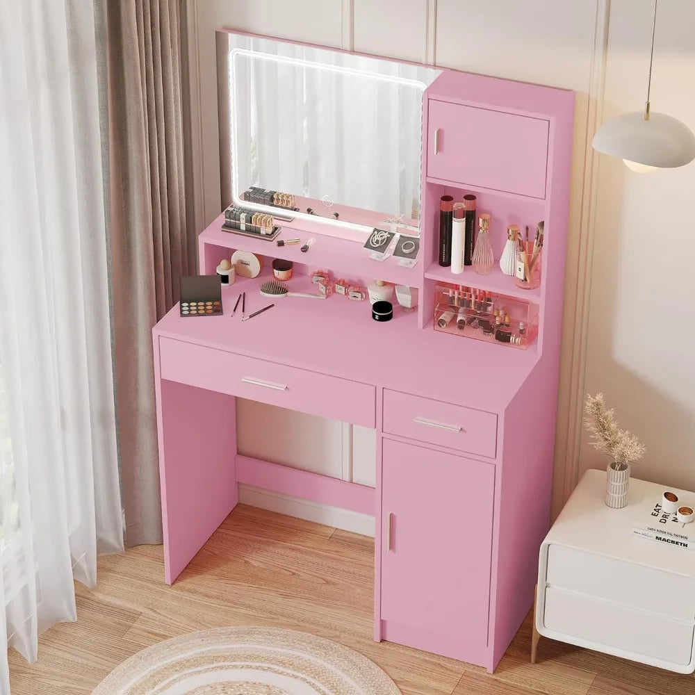 Pink Vanity Desk with Mirror and LED Lighting - LP Replenish