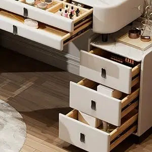 Luxury Solid Wood Vanity Desk with Sintered Marble Top, 6 Drawers, and LED Mirror - LP Replenish