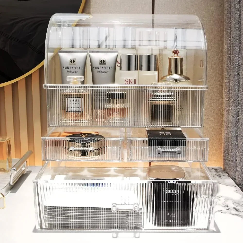 Clear Ribbed Pattern Large Clear Makeup Organizer with Drawers and Lid - LP Replenish