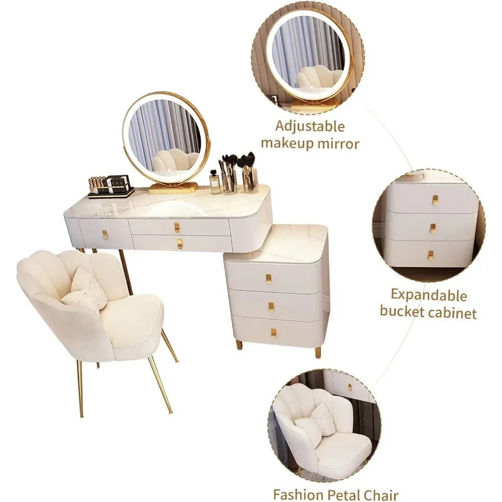 Makeup Vanity with Soft Chair with 3 Color Led Light Mirror for Modern Bedroom Solid Wood Makeup Gift ,Adjustable Dressing Table